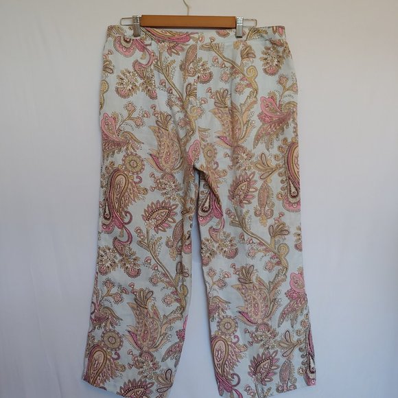 Tommy Hilfiger 100% linen pale blue, pink, gold paisley pastel crop pants SZ 10 - Picture 6 of 10